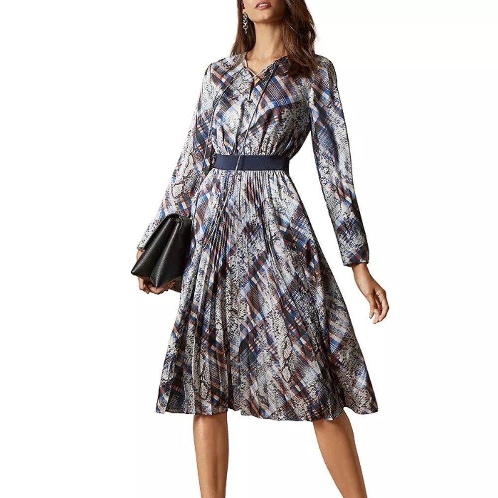 NWT Ted Baker Lilis Quartz and Plaid Print Midi Dress Size 3(US 8)